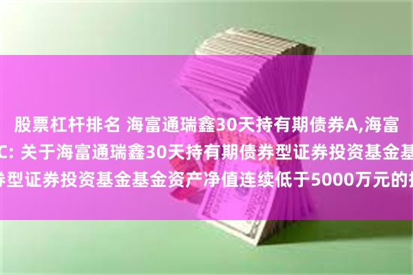 股票杠杆排名 海富通瑞鑫30天持有期债券A,海富通瑞鑫30天持有期债券C: 关于海富通瑞鑫30天持有期债券型证券投资基金基金资产净值连续低于5000万元的提示性公告